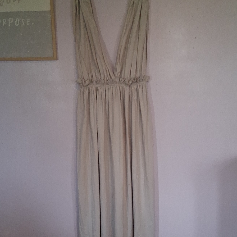 ZARA Beige V-Neck, Sleeveless Maxi Dress, Ruffle Accent – Long, Size L